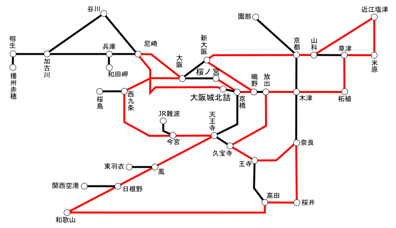 大阪近郊区間で運賃130円区間の最長大回りのグラフ