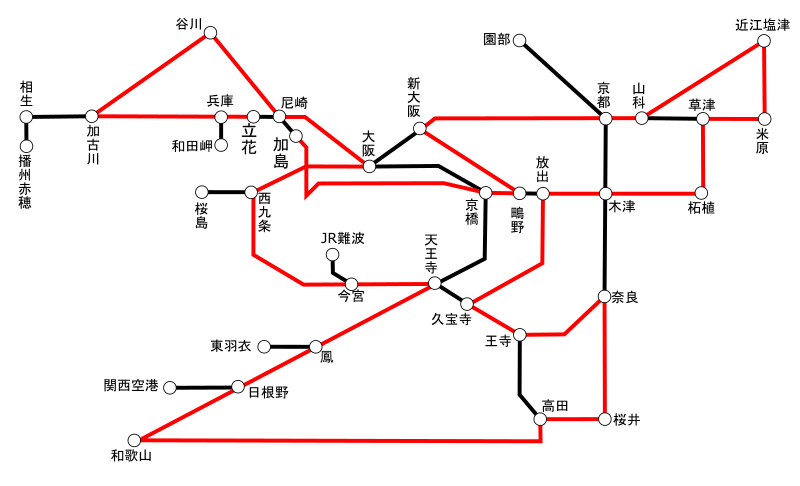 大阪近郊区間で運賃160円区間の最長大回りのグラフ