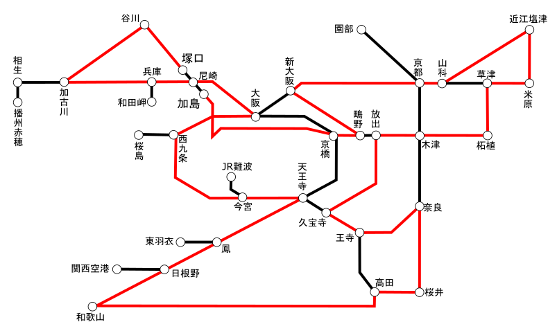 大阪近郊区間で運賃190円区間の最長大回りのグラフ