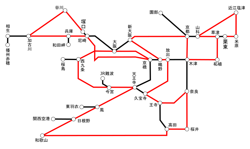 大阪近郊区間で運賃制限なしの最長大回りのグラフ